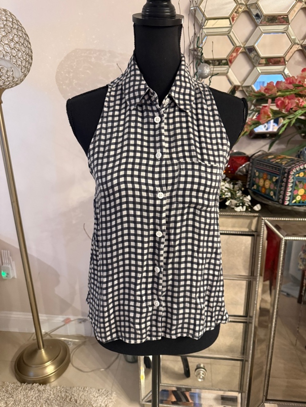 Equipment Black and White Gingham Sleeveless Button-Up silk Shirt S